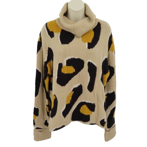 Moth Medium Beige Leopard Cheetah Animal Print Cowl Neck Knit Pullover Sweater - Picture 1 of 11